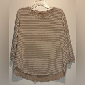 Fresh Produce- Tan with White Stripes 3/4 Length Sleeves Hi-Low 100% Cotton Top